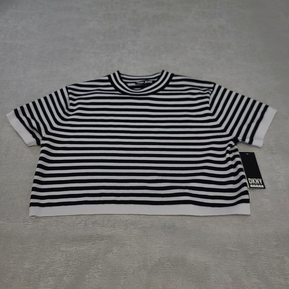 DKNY Jeans Breton stripe women's crop top black/white Size Large Fisherman - Picture 4 of 7